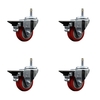 Service Caster 3'' Red Poly Swivel 7/16'' Grip Ring Stem Caster Set with Brake, 4PK SCC-GR20S314-PPUB-RED-PLB-716138-4